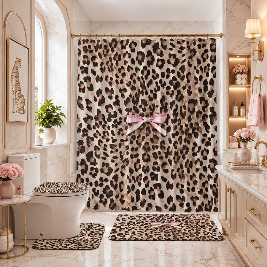 1/4 件浴室套装:粉色蝴蝶结和豹纹浴帘、浴室垫、U 型马桶盖、防水浴帘、现代风格浴室隔断帘、无需钻孔、可机洗涤纶家居浴室装饰秋季装饰浴室配件返校 - 彩色 - 查看 1