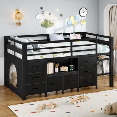 Cama alta de metal moderna con 8 cajones de almacenamiento, barandilla de  y escalera para tamaño individual, una opción ideal para ahorrar espacio, negro