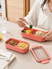 1pc Double-Layer Portable Lunch Box, Microwave ; Large Capacity Stackable Lunch Box, 1350ml; Includes Fork And Spoon Set; Pink Color - Multicolor - View 3