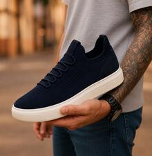 Tênis Masculino Casual Malha Knit Meia Respirável Solado Branco Leve Confortável - Azul - Visão 2
