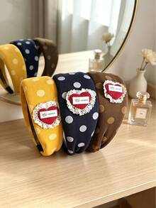 1pc Vintage Polka Dot Wide Fabric Headband With Sweet Label, Available In Mustard, Navy, Coffee, Suitable For Daily Outfits, Photo Styling And Home Grooming, Versatile Retro Sweet Style Accessory - Multicolor - View 2