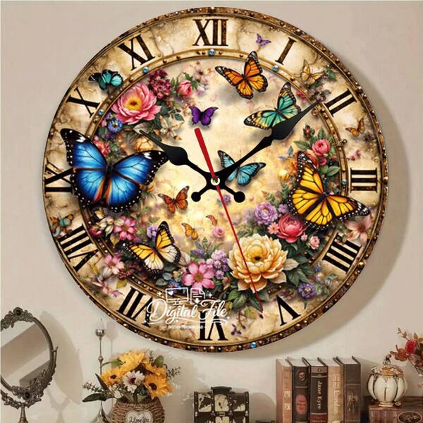 2D,1 pieza, 10-12 pulgadas, Reloj de pared vintage con estampado floral de mariposa y números romanos, silencioso sin tictac, reloj decorativo artístico para sala de estar, dormitorio, oficina en casa, decoración de pared estética, reloj redondo, decoración de habitación, decoración de oficina, reloj, reloj despertador