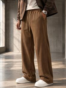 GRDR Men's Elastic Waist Drawstring Casual Pants, Suede Fleece, Loose Fit, Draped, Lazy Style, Wide Leg Long Pants, Autumn/Winter - Brown - View 1