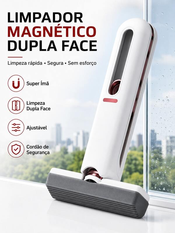 Limpador Magnético de Vidros Dupla Face Ajustável com Super Ímã Rodo Limpa Vidros para Janelas, Box, Espelhos, Sacadas e Portas de Vidro Reutilizável, Seguro e Sem Marcas