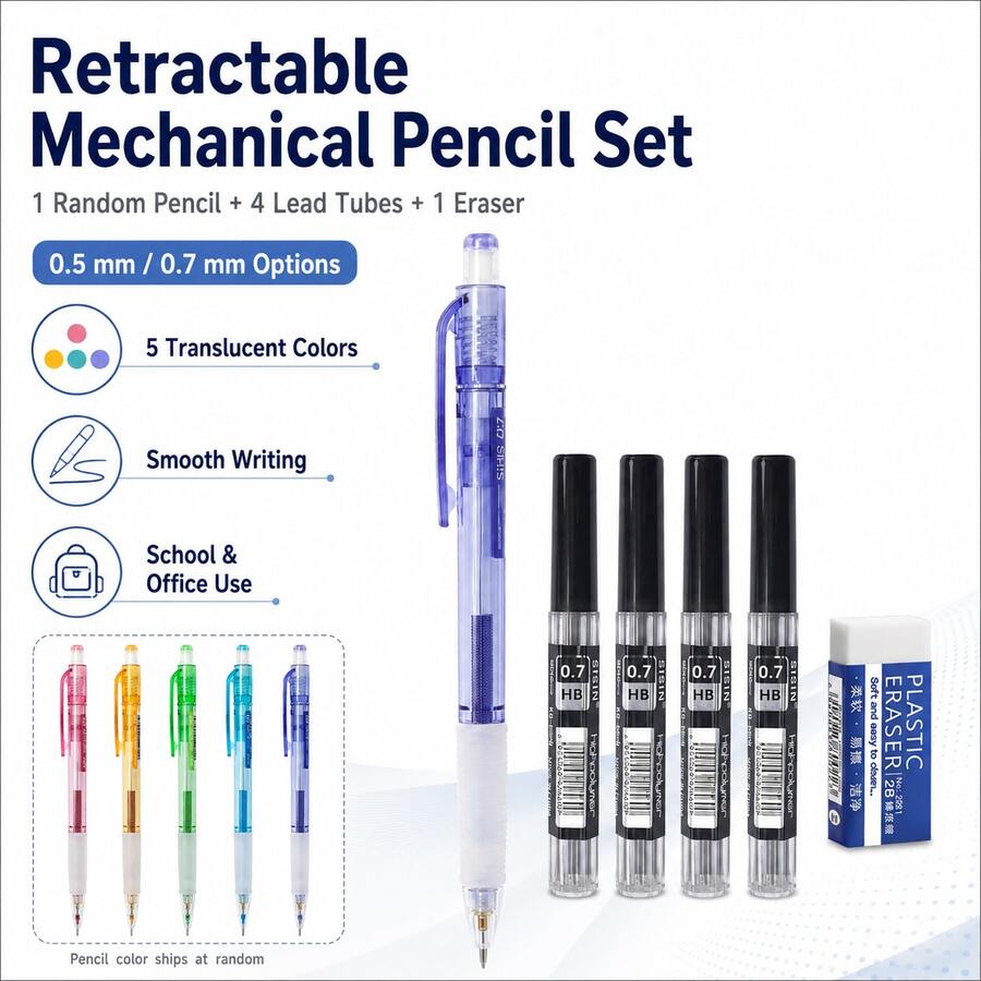 6PCS/SET Shake Mechanical Pencil Set, Random Color Pencils , 0.5mm, 0.7mm Or Mixed Size Stationery Set For Students, School, Office, Homework, Notes And Sketching - Multiple Styles - View 1