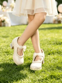 Big Girls' Cream White Patent Leather Mary Jane Shoes, Low Heel, Pearl Bow & Rhinestone Decor, Suitable For Wedding, Party, Pageant, Formal Dress Occasions - Beige - View 14