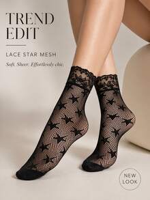 Star Pattern Sheer Lace Mid-Calf Socks With Fan-Shaped Trim See-Through Mesh Women's Socks - A - View 5
