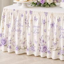 Taplak Meja Baptisan Bayi, Taplak Meja Poliester Motif Bunga Putih dan Ungu dengan Pola Salib, Domba, Kupu-kupu, Mawar, dan Pita, Dekorasi Pesta Baptisan Bayi Berkah Tuhan - A - View 9