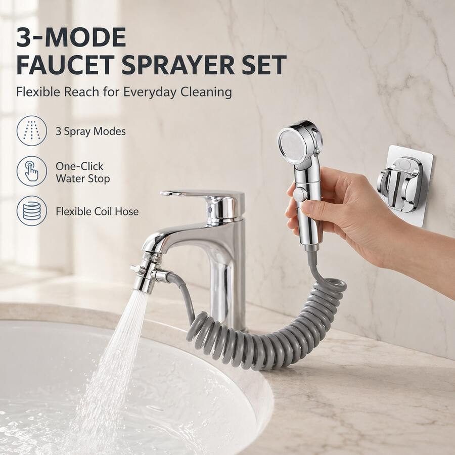1 Set 2-Mode Handheld Bidet Sprayer With One-Touch Water Stop, Flexible Coil Hose & Faucet Diverter, Bathroom Cleaning Sprayer For Toilet, Sink, Pet Washing & Diaper Cleaning, Easy Installation