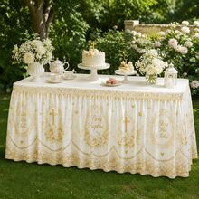 Baptism Table Skirt, White And Gold Cross Theme Polyester Tablecloth With Roses, Pearls And Elegant Religious Patterns, Baby Baptism Ceremony Celebration Decoration - A - View 4