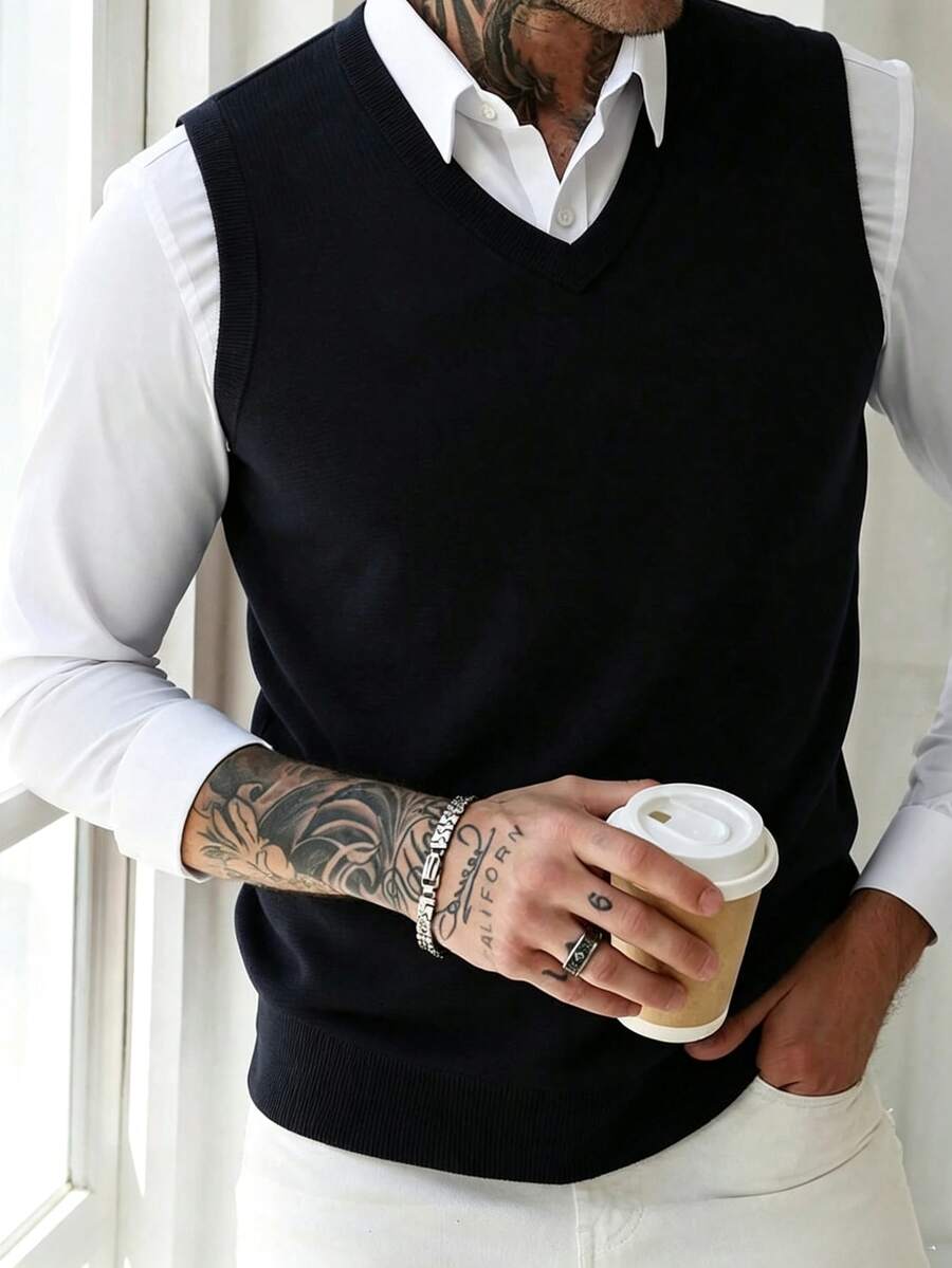Men's Casual Classic V-Neck Knit Sweater Vest, Suitable For All Seasons