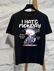 I Hate Monday Sleepy Office Duck Cartoon Graphic T‑Shirt Oversized Funny Meme Pure Cotton Plus Size Women Tee Fan Merch Short Sleeve 2026 - 黑色 - 查看 1