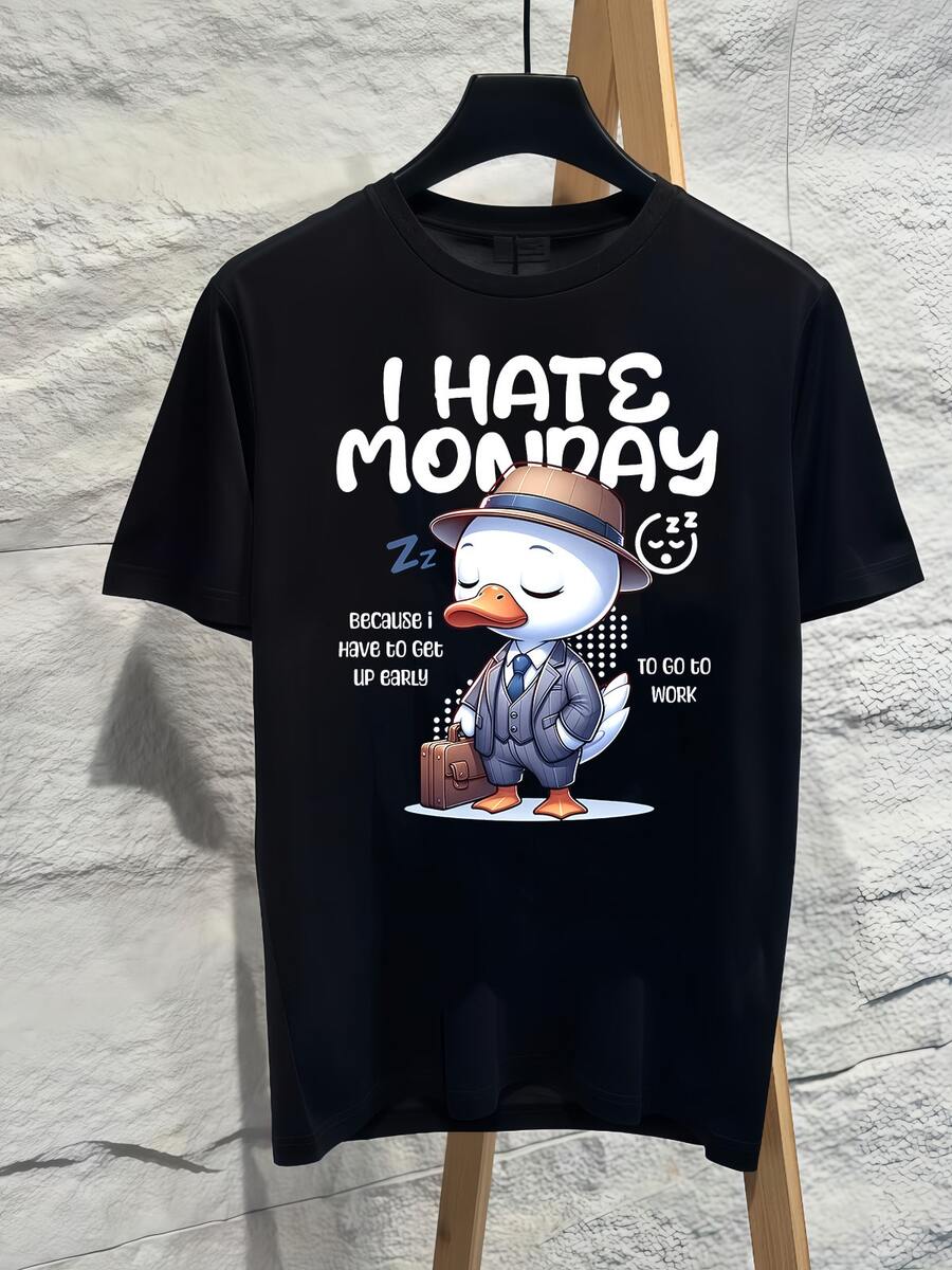 I Hate Monday Sleepy Office Duck Cartoon Graphic T‑Shirt Oversized Funny Meme Pure Cotton Plus Size Women Tee Fan Merch Short Sleeve 2026 - 黑色 - 查看 1