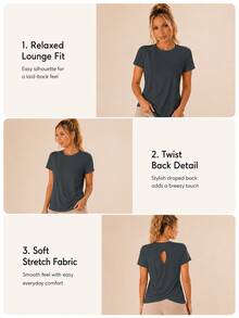 Sodalemon Women's Jacquard Knit Keyhole Backless Criss-Cross Round Neck Short Sleeve Loungewear Top - Dark Grey - View 3