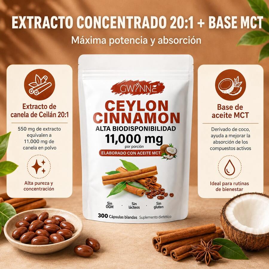 GWYNNE Ceylon Cinnamon con Aceite MCT,20:1 alta biodisponibilad 11000mg,Cinnamomum Verum Bark Extract,300 Capsules - 300 unidades - Ver 1
