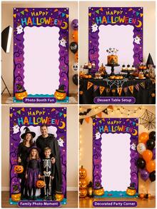 Large Purple Pumpkin Moon Halloween Photo Frame Backdrop, Cute Cartoon Ghost Hanging Decor Selfie Prop, Baby Bath No-Scare Halloween Party Decoration, Selfie Photo Prop Baby Bath Halloween Party Decor, Trick Or Treat Photo Banner, Halloween Theme Party Supplies - Multicolor - View 4