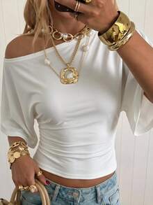 Vela Rue Women's White Knitted Short Sleeve T-Shirt, Semi-Sheer, Medium Stretch, Regular Length, Fashion Top - White - View 2