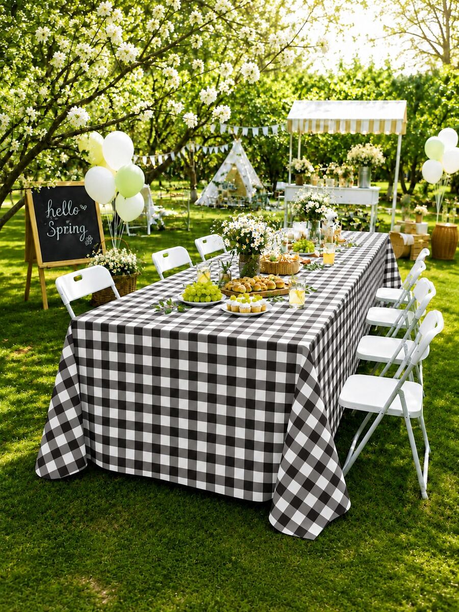 1/6/12PCS-137*274cm Black And White Plastic Checkered Tablecloth, Decorative Disposable Black Plaid Tablecloth, Suitable For Picnic Farm Birthday Wedding Rectangular Party Tablecloth