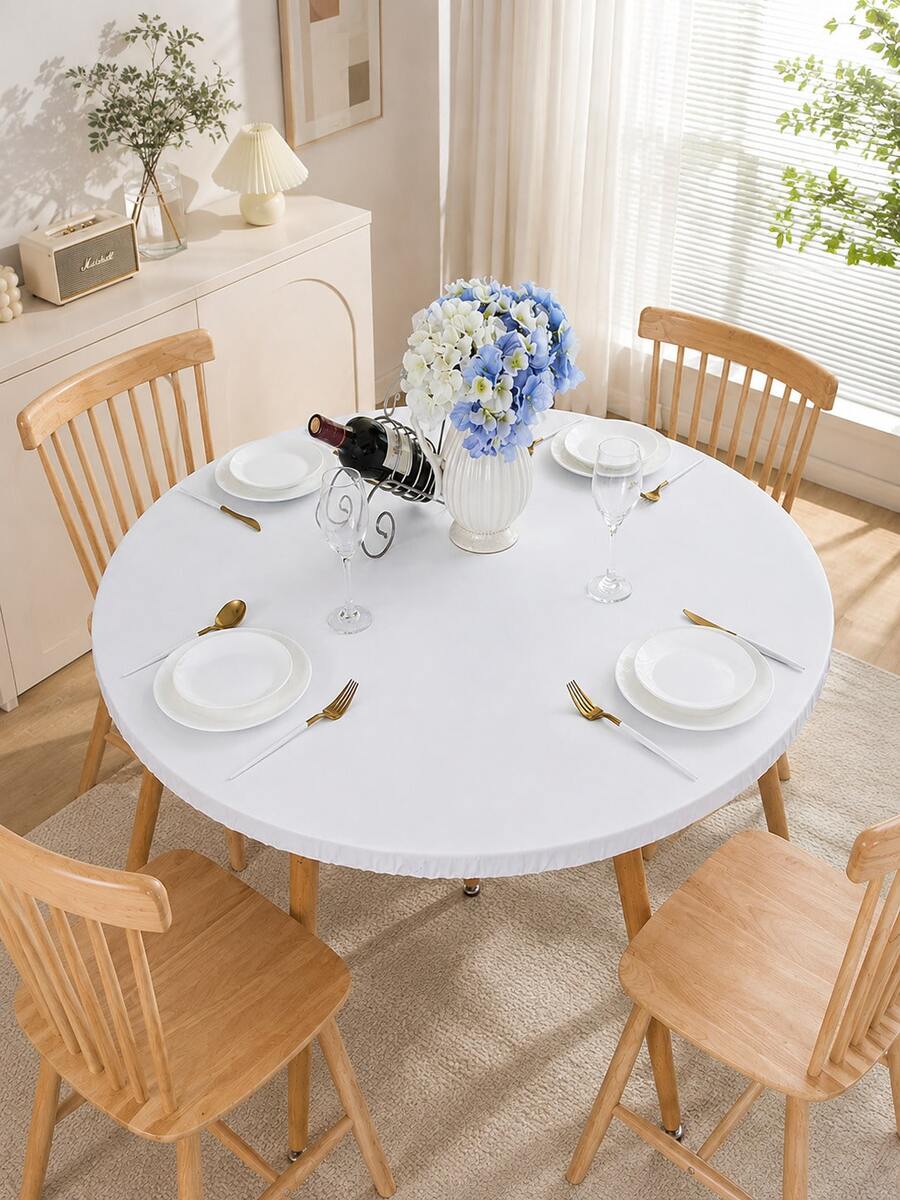 White, Black ,PVC Round Table Cover With Elastic Edges And Fleece Lining, Round Vinyl Tablecloth That Is Waterproof And Easy To Wipe, Suitable For Indoor Terraces And For Indoor Gardens. - White - View 1