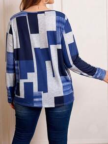 Kaos Lengan Panjang Motif Geometris Kasual Ukuran Besar - Biru - View 3