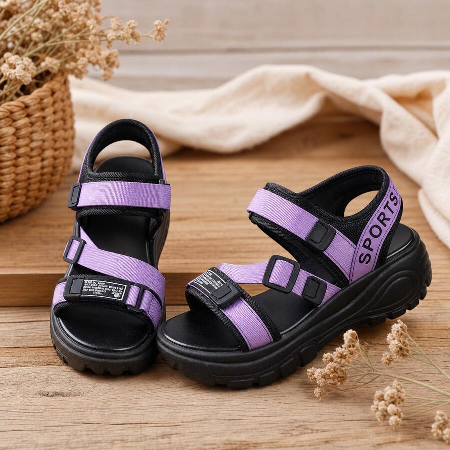 Sandalias deportivas de mujer en PU con suela gruesa de goma, correas ajustables con hebilla y estampado de letras, suela gruesa antideslizante casual para playa. - Morado - Ver 1