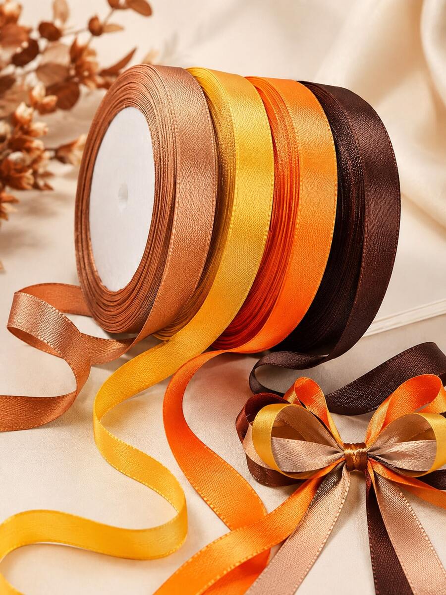 4 Rolls Autumn Silk Ribbon Set, 100 Yards Total, 10mm Wide, Orange-Brown Polyester Material, Suitable For Halloween Gift Wrapping, DIY Crafts, Party Decoration And More. - Brown and Yellow Tones - View 1