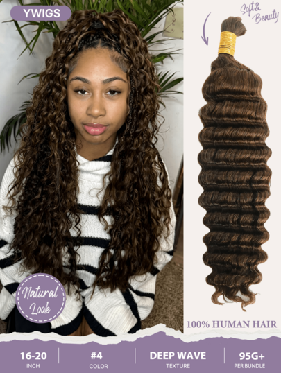 Y WIGS #4 Brown Color Deep Wave Kontless Boho Human Hair For Braiding 100G 16-20 Inch No Weft Human Braiding Hair For Boho Braids Lightweight, Soft, Bouncy Bulk Human Hair For All Seasons, Back To School, Daily, Halloween, Vacation