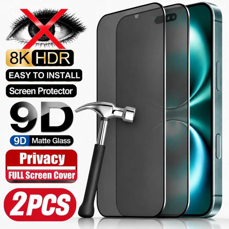 2PCS Matte Privacy Tempered Glass Screen Protector For IPhone 17 Pro Max/16 Pro Max/16 Plus/15 Pro/15 Pro Max/14/13/12/11 Series, 9H Frosted Anti-Spy Protection Glass, Full Coverage Privacy Shield, Soft Matte Anti-Glare Surface, Crystal Clear HD Display, Fingerprint Resistant Coating, Scratch Protection Layer, Smooth Touch Control, Slim Case Compatible Design - Black - View 1