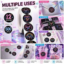 500pcs Neon Style Thank You Roll Stickers, 1 Inch, 12 Patterns Cycle, Perfect For Parcel Sealing, Creative Packaging, Viral Beverage & Dessert Labels, Holiday Party Favors, Cool Scrapbooking DIY, Market Stall Signage - Multicolor - View 2