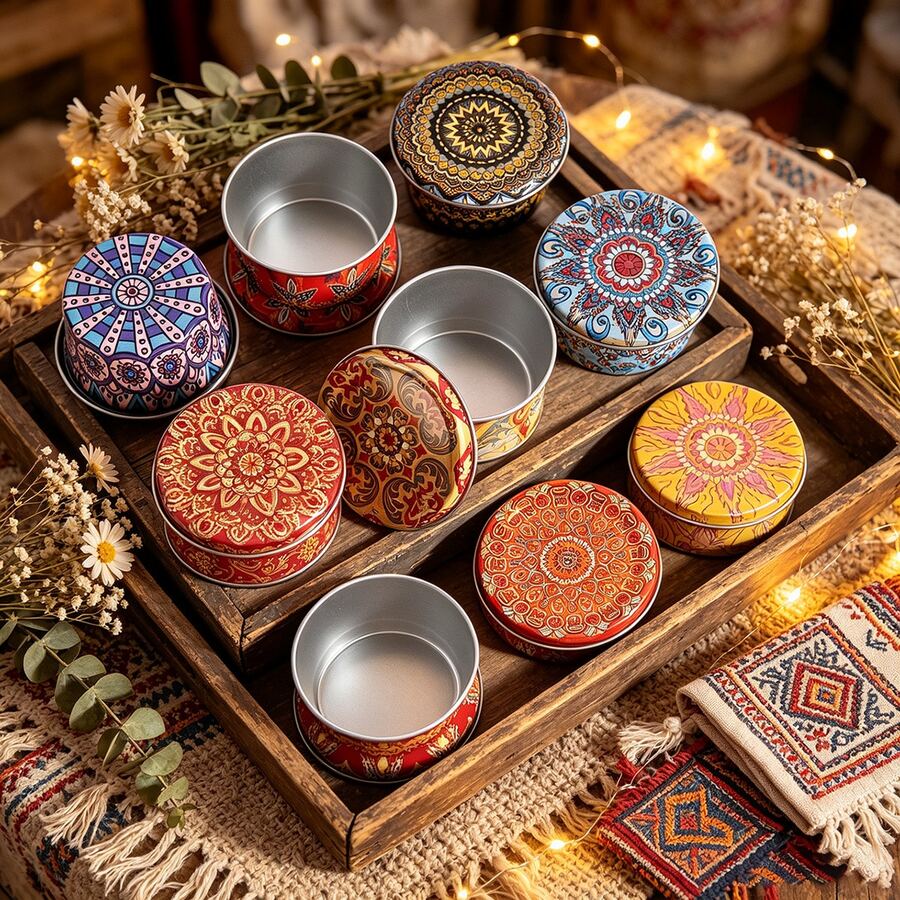 Kit Pembuatan Lilin DIY 44 buah, Termasuk 4 Toples Lilin Logam Motif Bohemian dengan Tutup, 16 Sumbu, 4 Penahan Sumbu, dan 20 Stiker Sumbu, Cocok untuk Lilin Aromaterapi Buatan Tangan, Dekorasi Meja, Penyimpanan Perhiasan, dan Penyimpanan Barang Kecil