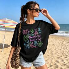 Happy Easter T-Shirt With Colorful Bunny Eggs And Flowers Design For Women Spring Holiday Casual Wearsoft - Black - View 1