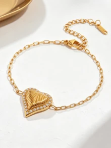 1pc Vintage Heart-Shaped Zirconia 18K Gold Plated Bracelet, Delicate Layered Bracelet Valentine's Day Daily Women's Accessory, Gift For Her - Multicolor - View 4