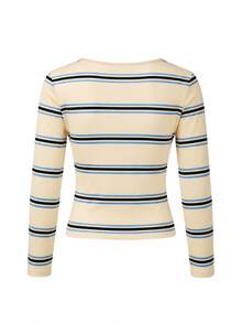 Women's Vintage Colorblock Striped V-Neck Slim Fit Cropped Long Sleeve Top Y2K Layering T-Shirt - Yellow - View 3