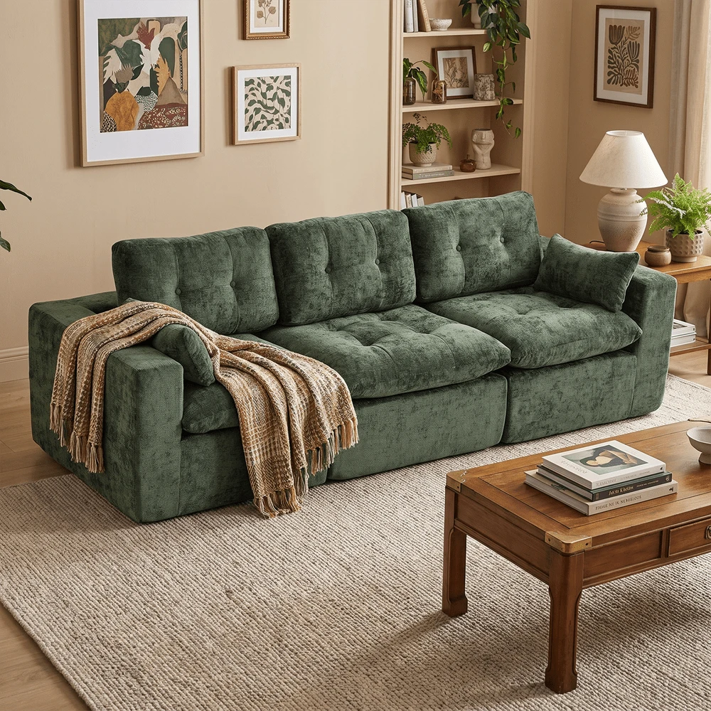 Goeurvant Affordable Chenille Sofa Comfortable Cloud Modular Sofa Freely Combinable DIY 2 To 4 Seater Sectional Sofa For Living Room,Green - 綠色 - 查看 1