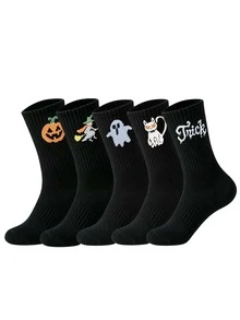 1/5/10 Pairs Men's Halloween Themed Crew Socks, Ghost Pumpkin Witch Black Cat Pattern Ribbed Casual Mid-Calf Socks, Fun Holiday Party Socks Suitable For Daily Wear - Multicolor - View 23