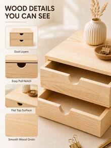 1/2pcs Minimalist Wood Grain Rectangular Natural Wood Color Double-Layer Drawer Desktop Storage Box With Semi-Circular Handle Detail, Suitable For Stationery, Jewelry, Notes, Documents, Cards, Small Items Organization, Office, Study, Bedroom, Dorm, Back To School, New Home Gift, Crescent-Shaped Handle Double Drawer Multi-Functional Desktop Layered Storage Pine Wood Drawer Storage Box Home Vanity - View 2