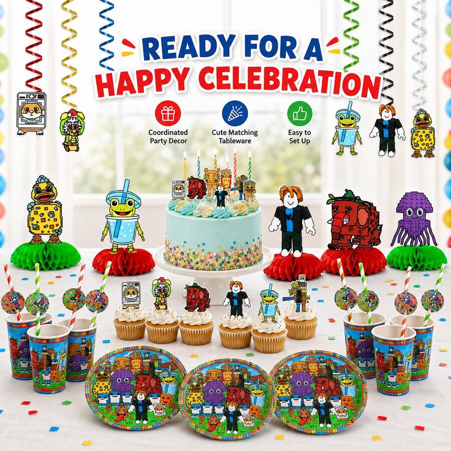 Roblox Set Dekorasi Ulang Tahun Bertema Game 53pcs, Paket Pesta Portabel Lengkap, Termasuk Hiasan Meja Tengah, Dekorasi Gantung Spiral Langit-langit, Peralatan Makan & Sedotan Sekali Pakai, Hiasan Kue, Pola Karakter Blok Piksel Lucu, Desain Warna Campuran, Dekorasi Latar Belakang Dalam Ruangan - A - View 1