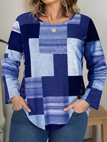 Kaos Lengan Panjang Motif Geometris Kasual Ukuran Besar - Biru - View 2