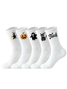 1/5/10 Pairs Men's Halloween Themed Crew Socks, Ghost Pumpkin Witch Black Cat Pattern Ribbed Casual Mid-Calf Socks, Fun Holiday Party Socks Suitable For Daily Wear - Multicolor - View 16