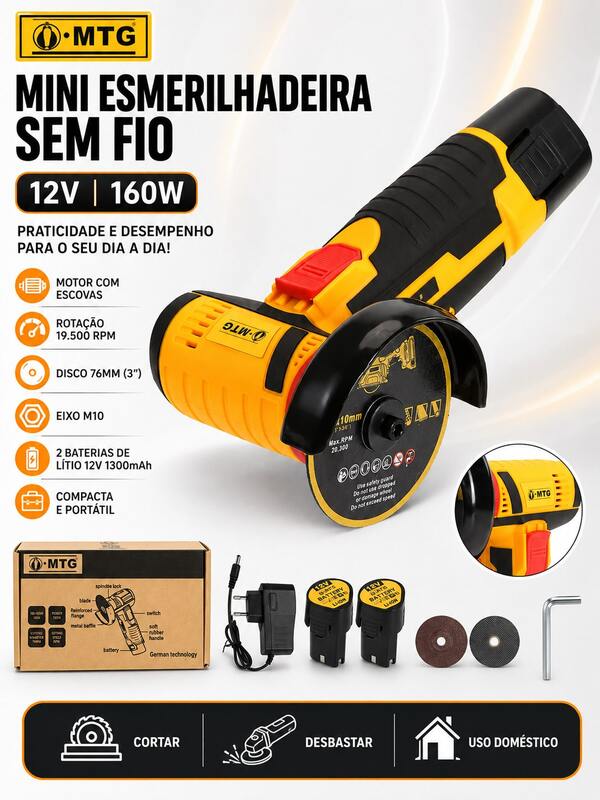 Kit Mini Esmerilhadeira Angular Sem Fio MTG 12V 160W 19.500 RPM, Disco 76mm 3 Pol, com 2 Baterias, Carregador e Discos para Corte e Desbaste