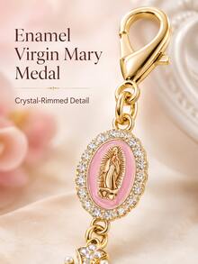 1pc Virgin Mary Cross Keychain, Alloy Rhinestone & Pearl Religious Pendant, Universal Charm For Car Keys, Handbags And Backpacks - A - View 7