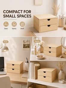 1/2pcs Minimalist Wood Grain Rectangular Natural Wood Color Double-Layer Drawer Desktop Storage Box With Semi-Circular Handle Detail, Suitable For Stationery, Jewelry, Notes, Documents, Cards, Small Items Organization, Office, Study, Bedroom, Dorm, Back To School, New Home Gift, Crescent-Shaped Handle Double Drawer Multi-Functional Desktop Layered Storage Pine Wood Drawer Storage Box Home Vanity - View 6