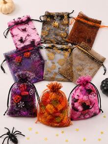 50pcs Halloween Organza Gift Bags With Drawstring Mesh Candy Bags, Pumpkin And Spider Web Pattern, Suitable For Halloween Party Gifts - Organza Bag - View 3