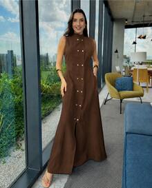 Formal Long Dress With Slit For Party And Wedding, Buttons, Pocket, High Collar, Tailored, Sensory, Marrant, Blogger Style 01 - 巧克力棕 - 查看 2