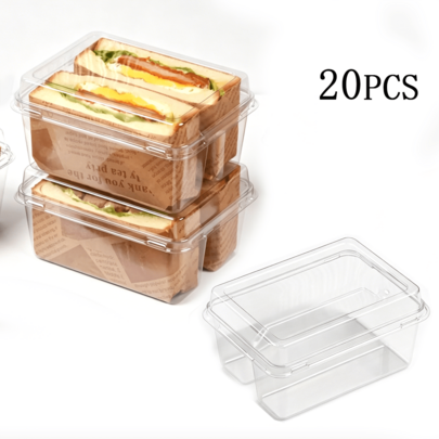 20-Piece Clear Rectangular Hinged Food Container Set, Transparent Plastic Sandwich Boxes With Flip Lids, Disposable Storage Trays For Sandwiches, Salads, Fruits, Desserts And Takeaway Meal Packaging