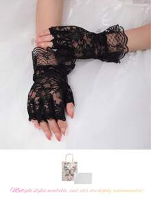 1pair/2/3pcs Wedding Lace Gloves, Hollow Embroidery, Valentine & Christmas, Romantic & Elegant, Fingerless/Full.(Gloves: Main Items, Pouch: Accessory) - Black - View 9