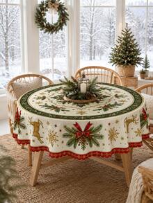1pc Christmas Party Tablecloth, Reindeer, Holly, Bow Pattern, Rectangular And Round Options, Pine Branch And Snowflake Print Polyester Tablecloth, Suitable For Holiday Dining Room, Christmas Party, Winter Home Decor - Multicolor - View 3