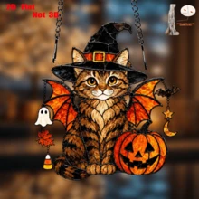 Wizard Hat Bat Wings Tabby Cat Acrylic Hanging Ornament, Sun Catcher Pumpkin Halloween Door & Window Hanging Decoration (2D Flat, Not 3D) - A - View 4