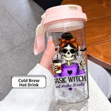 1pc/5pcs 500ml Halloween Summer Water Cup With Skull And Witch Pattern, Transparent Plastic Cup With Flip Lid, Straw And Fabric Handle, Suitable For Iced Coffee, Juice, Oat Milk, Ideal Gift For Best Friend, Birthday, Travel, Car, Office Daily Drinking, All Seasons - Multicolor 1 - View 14