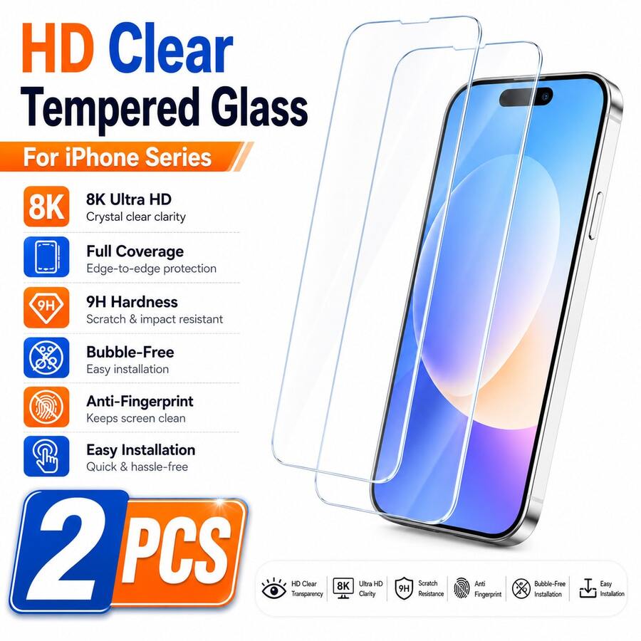 CASECOPS 2pcs High Definition Tempered Glass Screen Protector, Compatible With IPhone 17/16/15/14/13 Series, 9D Curved Edge, High Transparency, Anti-Scratch, Easy Installation - 2pcs - View 1